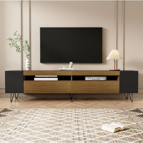 Meuble TV MDF et panneaux de particules noir et décor bois 180x36x43 cm, 2 portes, niches ouvertes et rangements latéraux (1/5)