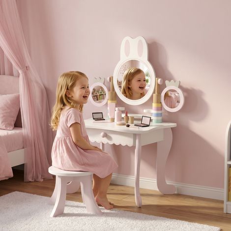 Coiffeuse pour filles avec tabouret, miroirs pivotants, tiroir, 6 accessoires, plateaux latéraux, à partir de 3 ans, rose (1/5)