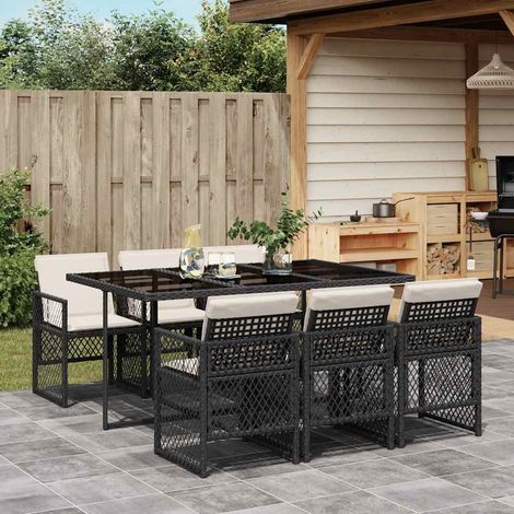 Salon de jardin repas 7 pièces noir en résine tressée avec table et 6 chaises pliantes - PANGIVO (1/5)
