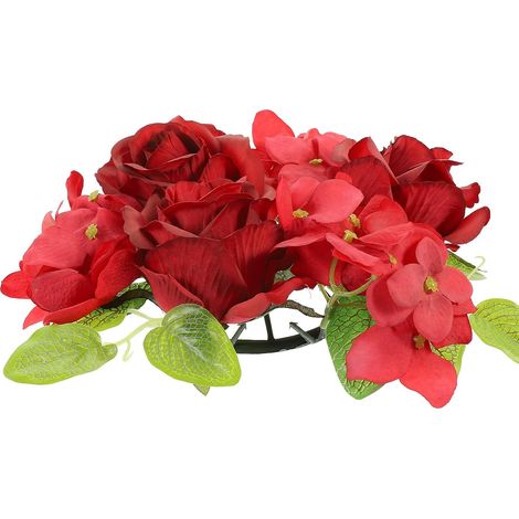 Anneau de Bougies en Fleurs Artificielles Rouges pour Décoration de Table Rustique Européenne en Plastique et Tissu, pour Mariage et Ambiance Romantique (1/5)