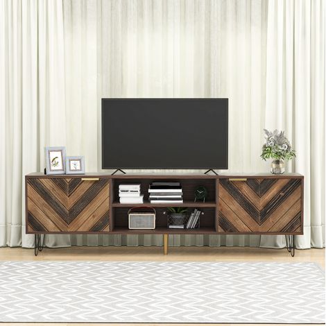 Meuble TV avec 2 portes, 2 niches, 155 x 38 x 48 cm, couleur bois HAVRYA (1/5)