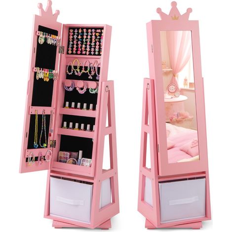 Armadio gioielli per bambini con specchio a figura intera autonomo e base girevole, Armadio portagioie per ragazze Rosa (1/4)