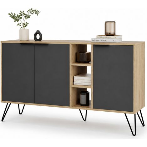 Madia Moderna Credenza con 3 Ante e Vani a Giorno 142x83 cm Rovere e Antracite