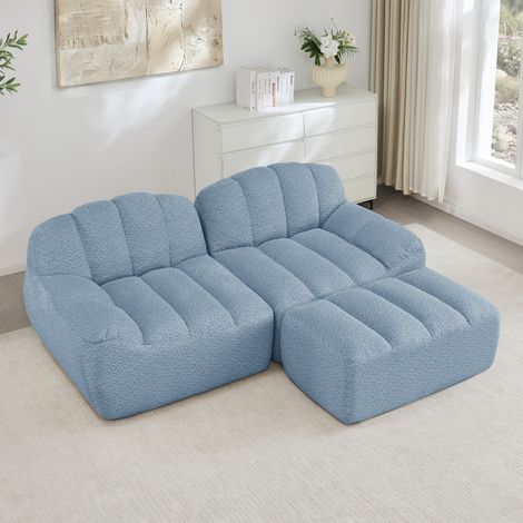 Divano modulare a L a 2 posti, senza struttura rigida, a conchiglia, con cuscini di seduta profondi e 1 pouf, divano per soggiorno, non richiede montaggio, blu.