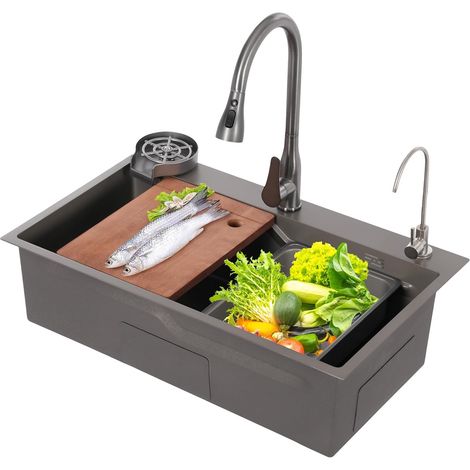 75 x 45 x 22 cm - Fregadero de cocina con grifo - Kit de fregadero multifuncional y duradero - Línea guía en forma de U y estructura giratoria de microinclinación - Dispensador de jabón - Embellecedor