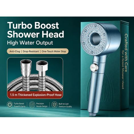 (Ensemble bleu clair 1) Pommeau de douche haute pression Turbo avec filtre, douchette à main économique en eau, jet à arrêt automatique pour salle de bain (1/5)