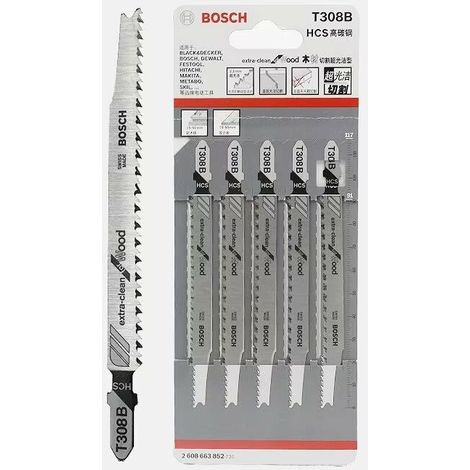 5x Lames de scie sauteuse T 308 B (pour Contreplaqué, Panneau d'ameublement en bois massif, Longueur 117 mm, Accessoire Scie sauteuse), (1/4)