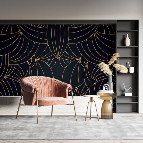 Papier Peint Géométrique - Courbes Dorées Élégantes - 500 x 270 cm (1/2)