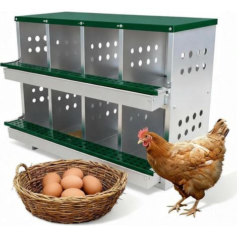Pondoir Poules 8 Compartiments en Acier Galvanisé - Base Inclinée Anti-Salissure - Mural ou Posé - 92x42x63 cm - Vert (1/5)