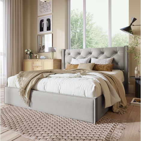 Lit double capitonné rétro 160x200 cm avec tête de lit matelassée, coffre de rangement relevable, bois massif et métal, gris clair (1/5)