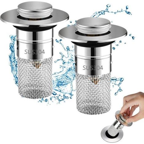 Crépine D'évier - Double Filtre 6 cm - Acier Inoxydable Et Laiton - Pression Escamotable - Pour Éviers Cuisine Salle De Bain Baignoire - 2 Pièces (1/5)