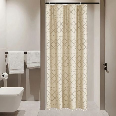 Ensemble de rideaux de douche multicolores à motif losanges bohème, 12 œillets antirouille et pompons, décoration de salle de bain luxueuse Beige