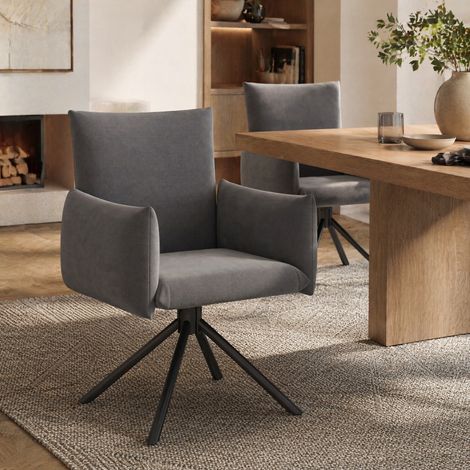 MEUBLIV Lot de 2 chaises de salle a manger grises - pivotantes 360°, velours, accoudoirs (1/5)