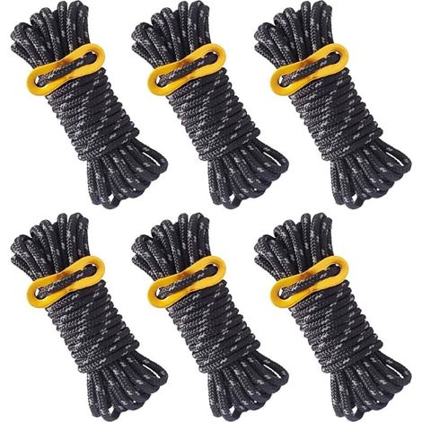 6 Pieces Reflective Tent Rope Camping Tent Rope 4m X 5mm Black Tent Rope with Adjustable Tensioner for Outdoor Camping Canopy Tents