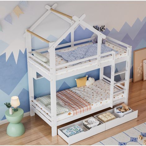 Etagenbett 90/200 cm weiß aus Kiefer und MDF mit Schubladen, Regalen und Leiter (1/5)
