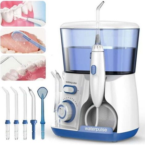 Hydropulseur dentaire électrique 800 ml avec 5 embouts de jet d'eau réglables pour une hygiène bucco-dentaire optimale, bleu (1/5)