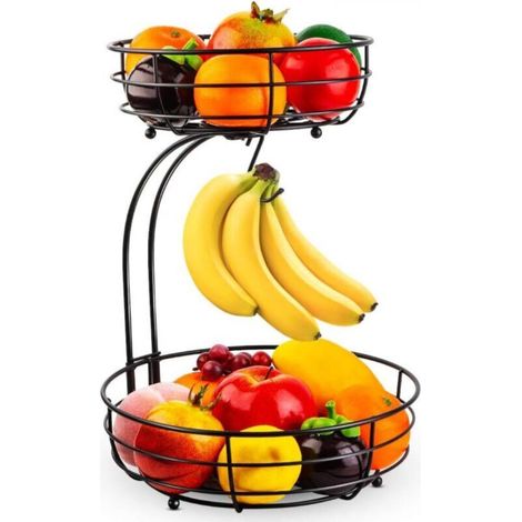 Storage Basket with Banana Holder, 2 Tiers, Black (1/3)