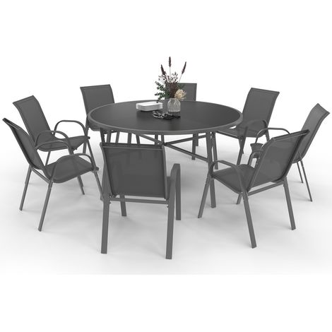 Gartenmöbel MADRID runder Tisch 150 CM und 8 stapelbare Stühle anthrazitgrau