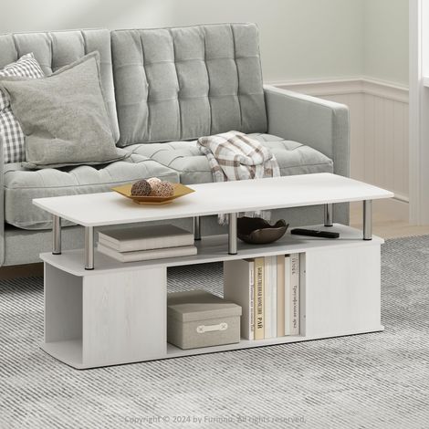 Table Basse, Table Basse rectangulaire Moderne avec étagère Ouverte, Table d'appoint avec Rangement latéral, pour Salon, Chambre, Bureau, chêne Blanc/Acier Inoxydable (1/5)