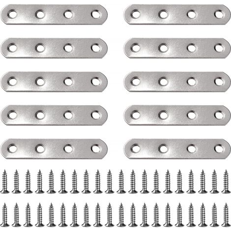 10 Pièces 76x16x2 mm Equerre de Fixation Plats, Supports Plats Droits en Acier Inoxydable, Plaques de Fixation Plates, Réparation Support Plat, avec 40 Pièces Vis, pour Meubles en Bois