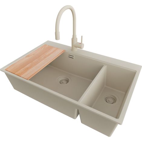 PRIMAGRAN Evier Cuisine en Granit 78x50cm, Lavabo 2 bacs + Robinet 38x14cm + Kit de Vidage + Accessoire, Évier à Encastrer au meuble 80cm - Oslo Duo, Beige (1/5)