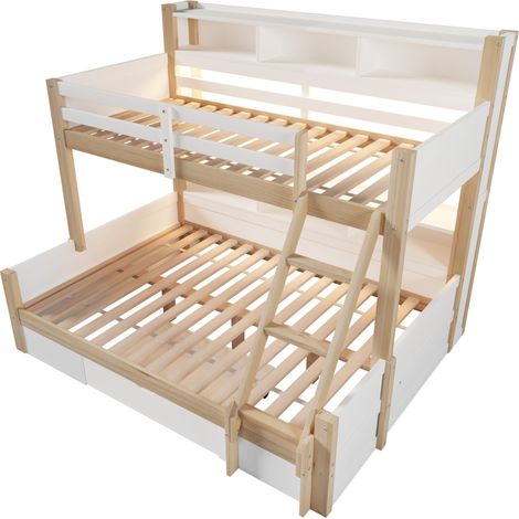 Etagenbett für Kinder 90x200 + 140x200 cm mit Stauraum, LED und Schublade, weiß natur (1/5)