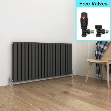 ELEGANT 600 x 1190 mm Anthracite Horizontal Column Designer Radiator Double Oval Panel + Thermostatic Radiator Valves (1/5)