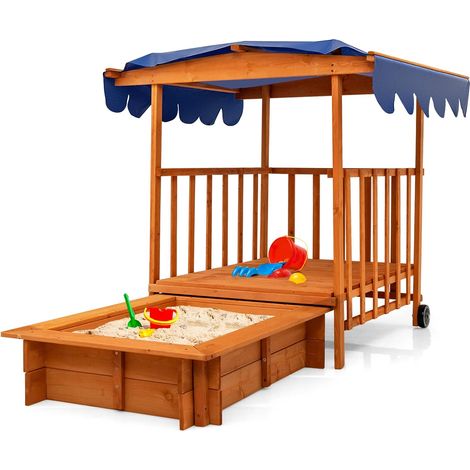 COSTWAY Arenero para Niños con Casa de Juegos, Toldo, Ruedas Traseras, Barandillas de Seguridad, Arenero para Niños para Patio y Playa (con ruedas) (1/5)