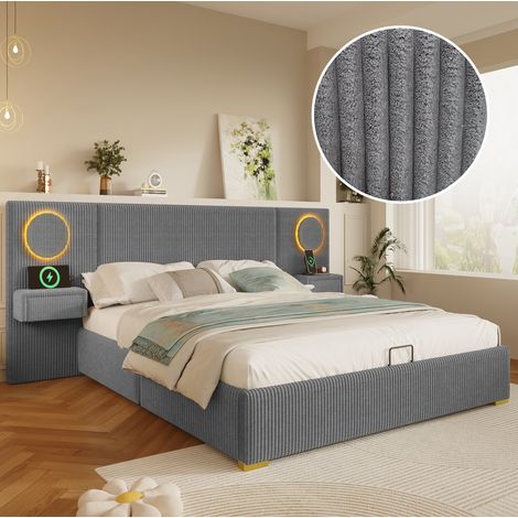 Lit coffre 180x200 en velours avec tête de lit LED, ports USB et rangement hydraulique gris DESVIAE (1/5)