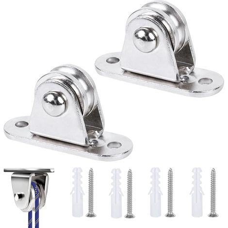 Lote de 2 poleas metálicas – bloque independiente – 4 tornillos + casquillos blancos – cuerdas