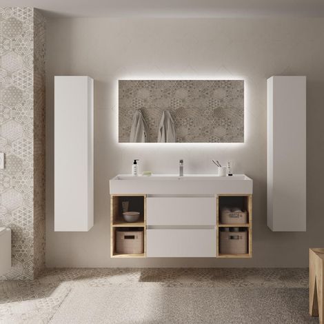 Meuble de salle de bain BEQUIA Plus 120cm Blanc mat /Chêne Vasque Porcelaine Centrale (1/5)