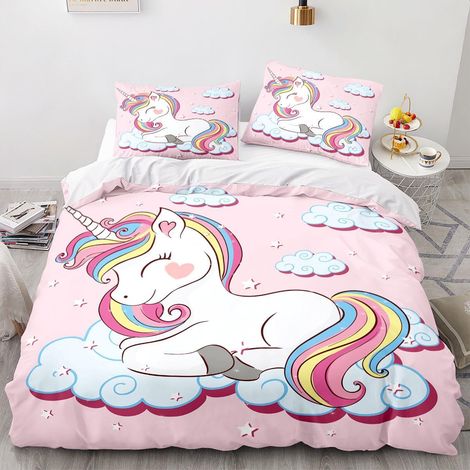 Licorne Rose Fille literie Set,Cartoon Licorne Motif Enfants Housse de Couette,Arc-en-Ciel Nuages et Chevaux Licorne Housse de Couette (135 x 200 cm, A) (1/5)