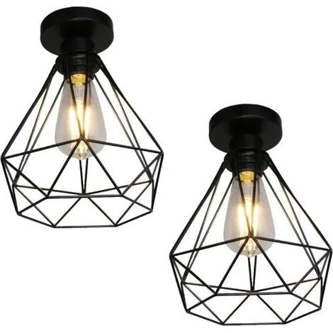 U-Do 2Pcs Plafonnier Industriel forme Diamant Lampe de Plafonde en Fer Noir E27 40W (1/4)