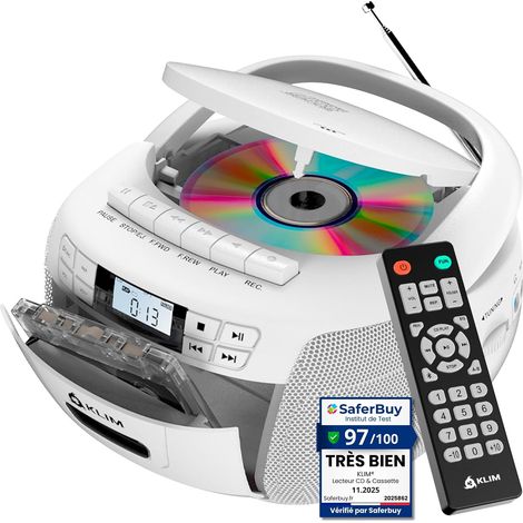 Poste Radio Cassette CD - Bluetooth AM FM - Fonction d'Enregistrement Double Haut-Parleur Trois Watts pour un Son Stéréo Clair, Fonctionne sur Secteur ou Piles, Port Auxiliaire Inclus - Blanc (1/5)