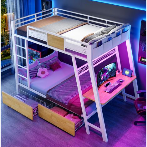 Cama alta metálica 236x95.5x170 cm, con escritorio integrado, luces LED, almacenamiento, metal, blanco (1/5)