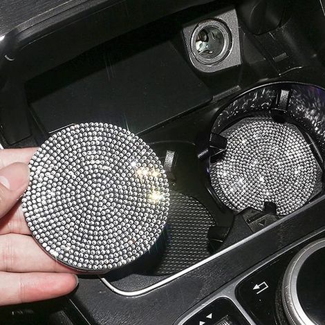 Set mit 2 rutschfesten Strass-Auto-Untersetzern, weiß, für Auto und Zuhause, dekorativ, im Beutel (1/5)