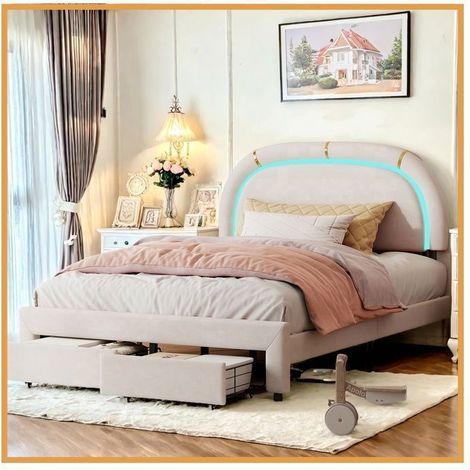 Lit Adulte 140x200 cm, Gebogene Kopfteil, 2 Schubladen und mehrfarbige RGB-LED-Leiste, Moderner Luxus-Stil, Beige Samtstoff