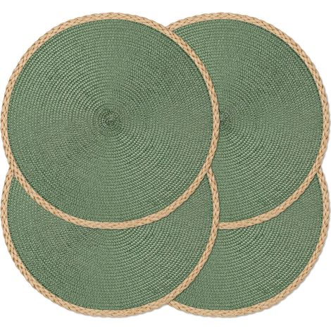 Lot de 4 Sets de Table Ronds tressés de 38,1 cm, lavables, résistants à la Chaleur, antidérapants pour intérieur (Bord Fin Vert, 4)