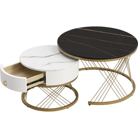 Couchtische Gigogne mit 1 Schublade, Tischplatte in Marmoroptik, Goldene Metallbeine, MDF, Schwarz (1/5)