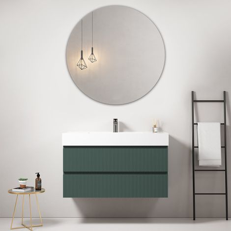 Mobile bagno sospeso cannettato 100 cm Verde Comodoro Lavabo in Resina Specchio Tondo - Fiji Paint