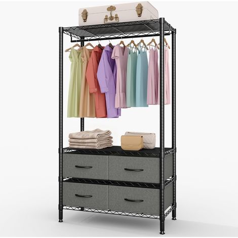 Portant à vêtements en métal, avec tringle de suspension, 2 étagères ajustables et 4 tiroirs en tissu, meuble de rangement pour Chambre, Entrée et Salon, Noir, 90 x 40 x 180 cm (1/5)
