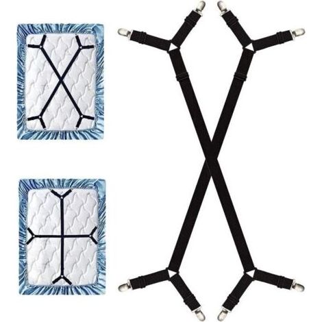 2pcs Sangles de Support de Drap de lit Longues réglables Pinces pour Drap de lit, Tendeurs réglables en Croix pour Drap-Housse, Compatibles avec Tous Les Matelas carrés - Noir