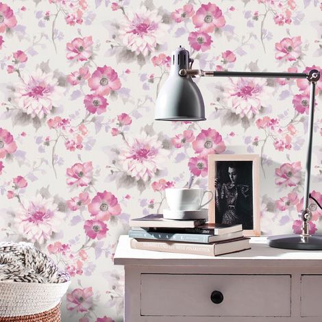 Papier peint vintage fleuri rose & blanc | Tapisserie Shabby Chic motif floral blanche & rose | Papier peint intissé floral chambre & salon (1/4)