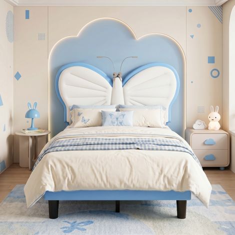 BLANKETSWARM – Lit enfant 90x200 cm – Tête de lit papillon en velours – 2 lampes de lecture LED – Structure en PU – Capacité 150 kg – Bleu (1/5)