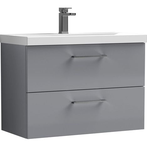 Balterley 800mm Wall Hung Bathroom 2 Drawer Vanity Unit and 1 Tap Hole Ceramic Basin, Satin Grey with Brushed Pewter Handles