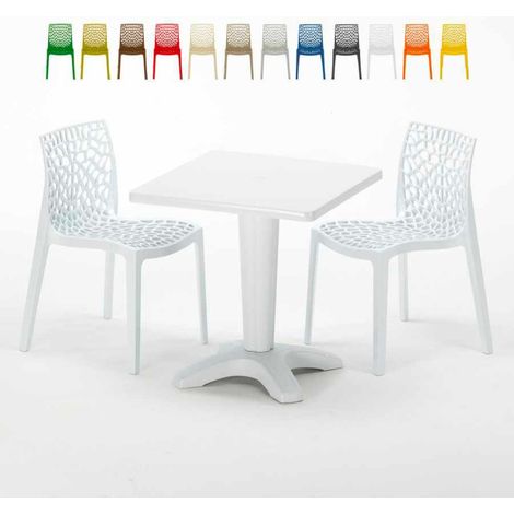 Table Carrée Blanche 70x70cm Avec 2 Chaises Colorées Grand Soleil Set Bar Café Gruvyer Patio - Blanc (1/5)