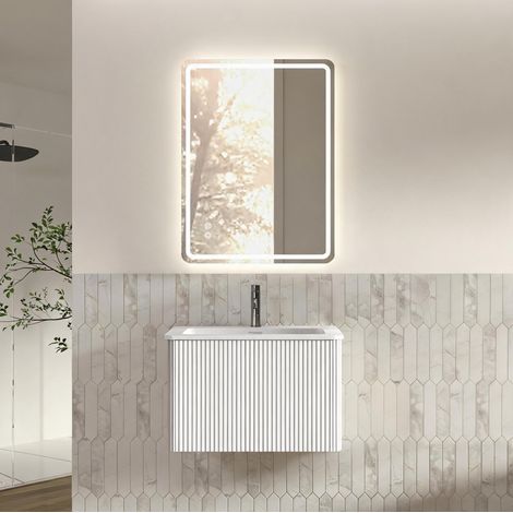 Meuble de salle de bain suspendu 60 cm avec vasque et miroir LED 60x80 cm blanc REDOM (1/5)