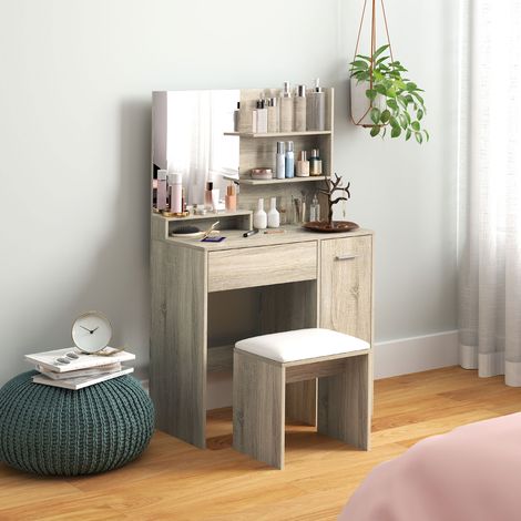 Coiffeuse avec tabouret, miroir, étagères ouvertes, tiroir et étagère ajustable anti-basculement, naturel et beige