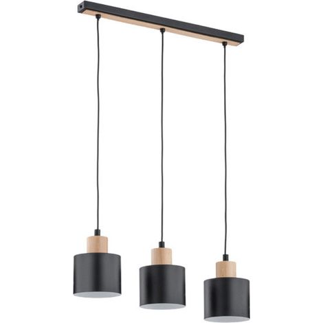 Alfa IVO Industrial Loft Triple Pendant Ceiling Lamp, Black Metal with Light Wood, 3xE27 (max 15W) Dimmable, 90cm Hanging Light for Kitchen Dining Living Room