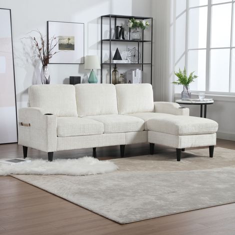 Canapé 4 places en velours avec pouf coffre, porte-gobelets, poches latérales et accoudoirs confort blanc (1/5)